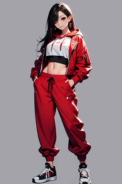 (best quality), ((masterpiece)), (highres), illustration, original, extremely detailed, 1girl, solo, hands in pockets, navel, pointy ears, jewelry, earrings, white background, midriff, pants, red eyes, hair over one eye, simple background, shoes, black hair, long hair, hood, full body, red jacket, looking at viewer, hoodie, sneakers, hoop earrings, crop top, red pants, standing, jacket, baggy pants, dark-skinned female, breasts, closed mouth