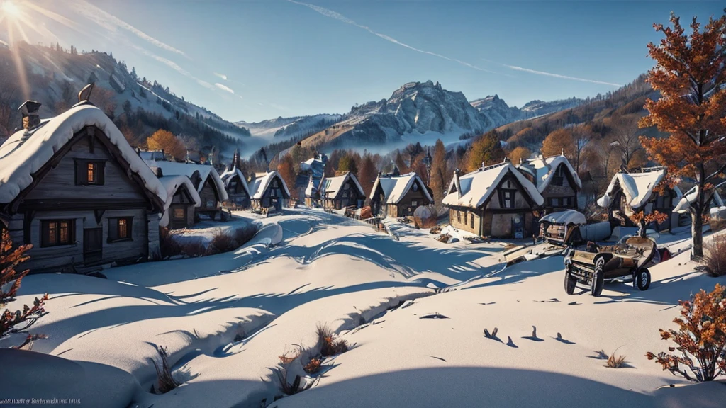 professional photo, autumn, severe frost, village, fabulous, UltraHD, random angle, HDR