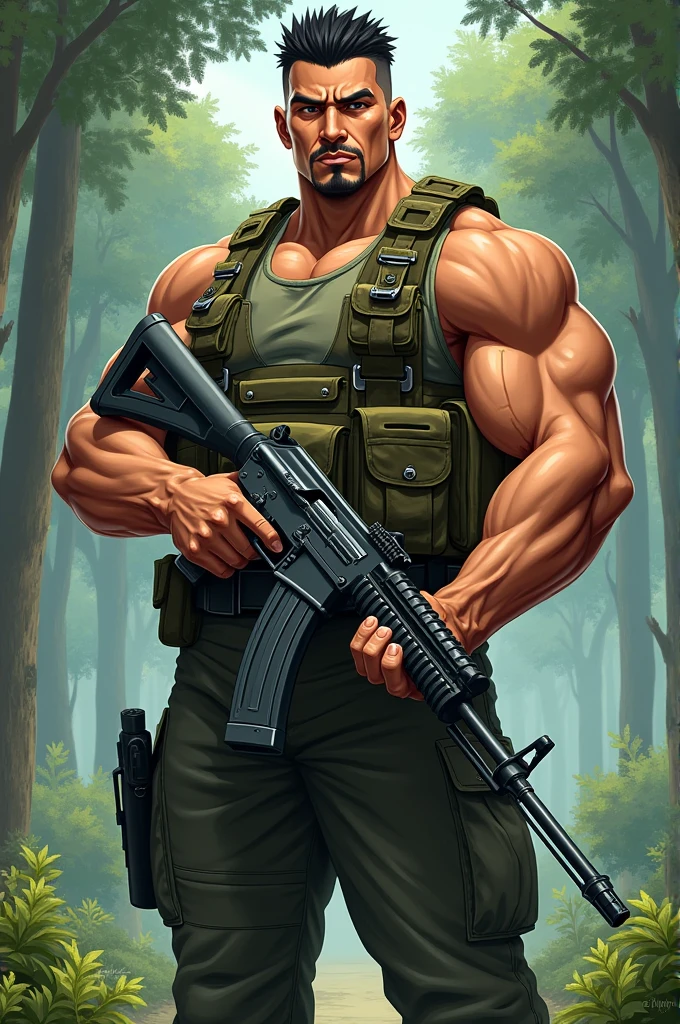 upper body shot, low camera angle, Chris Redfield kneeling, Shocked, open mouth wide, Arms beside the body, straight, front ,(black hair), smile open mouth, (Wear color olive green round neck T-shirt: 1.5), (with a Police badge: 1.2), olive green cargo, black glove, (blood splatters) ,( abrasions on face: 1.2), (Blood stains on the face and body: 1.2), Korean guy , korean men, (High gloss details), chest muscles, large arm muscles, blood vessel, Big muscles, Broad shoulders, looking at the audience, Balancing the eyes, middle of the road , (Carrying a black backpack: 1.3) ,walk to camera,(Fire blazes behind)