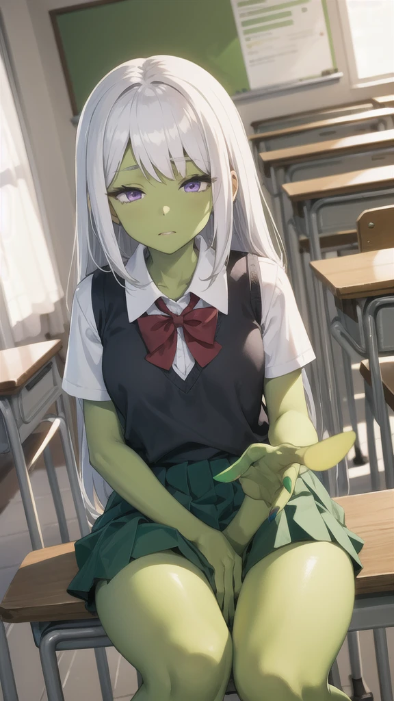 1 Girl, Miss, Mudstone ( tomorrow's ark ), Purple Eyes,  alone, There is only one person， Long hair,  bangs,White hair， to a standing, Mudstonedefclass, HD， best quality，Skin of color，Green Skin，Sharp nails， green nails ，Green Skin，Green Skin，Green Skin，Green Skin，Green Skin，Green Skin，Green Skin，School Uniform，classroom，Sitting at the table，Lazy， HALF CLOSED EYES