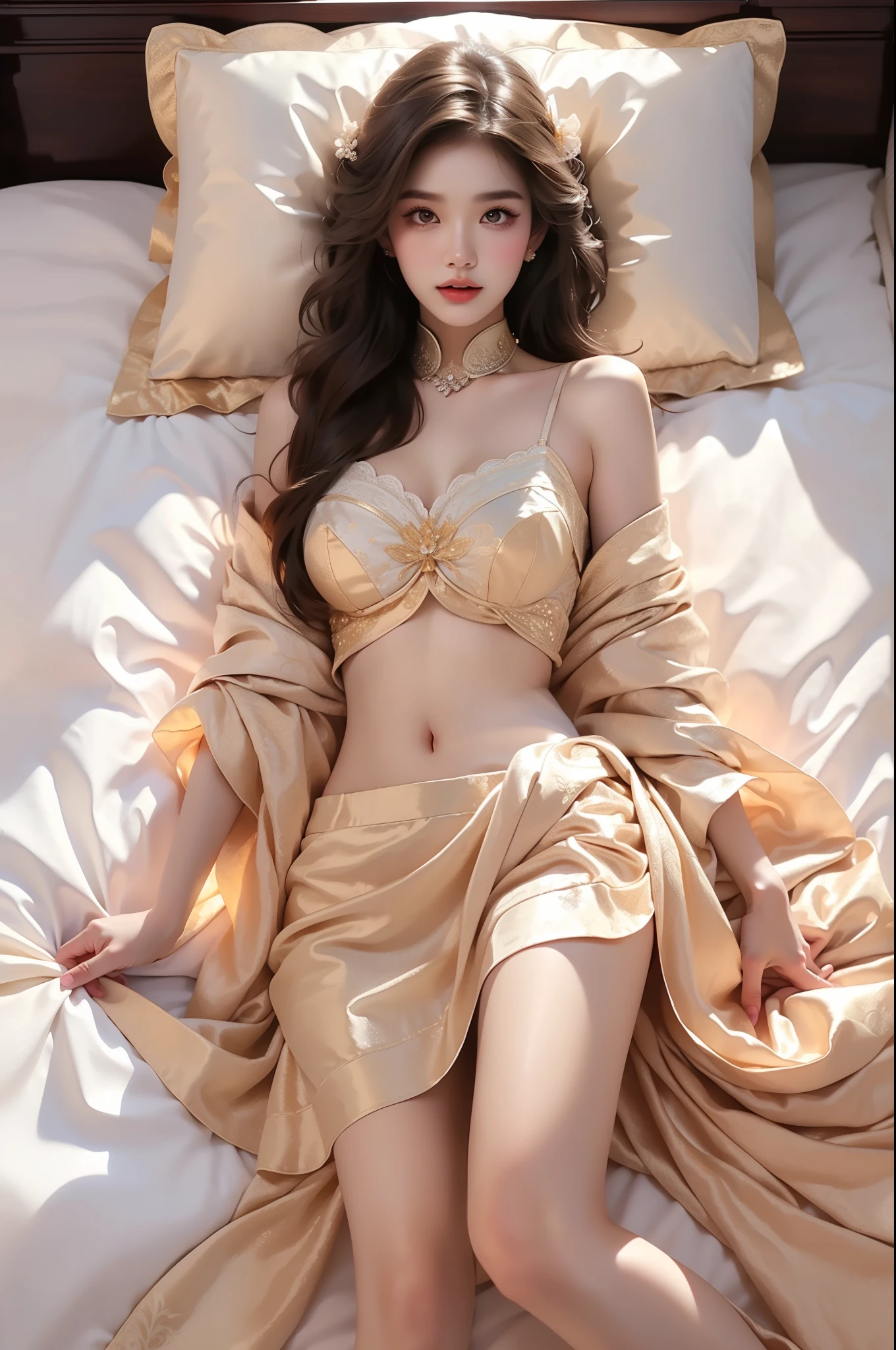 ((full body)), (photorealistic:1.4), beautiful asian woman, young female, lying on bed, night scene, warm lighting, (warm color tone:1.2), soft bedroom lights, (shallow depth of field:1.2), top down angle view, one hand playing with hair, one hand lifting skirt hem to upper thigh, voluptuous figure, long shapely legs, silky smooth skin, (detailed facial features:1.2), glossy lips, bedroom eyes, (intricate fabric details:1.2), (soft bed sheets:1.2), pillows