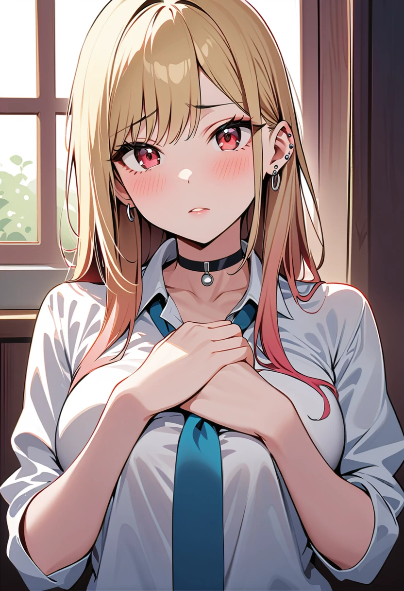 (masterpiece, Best Quality, Mysterious aesthetics, Super detailed),  intricate detail ,  one girl playing pranks,  Marine Kitagawa, sono bisque doll wa koi wo suru, blonde, red eyes, Ear Piercing, Barbell Piercing,  black choker , Colored Shirt,  white shirt ,  earrings for a woman alone,  blue tie , Green, in,  staring ,  upper body, Lift your hands up to your chest