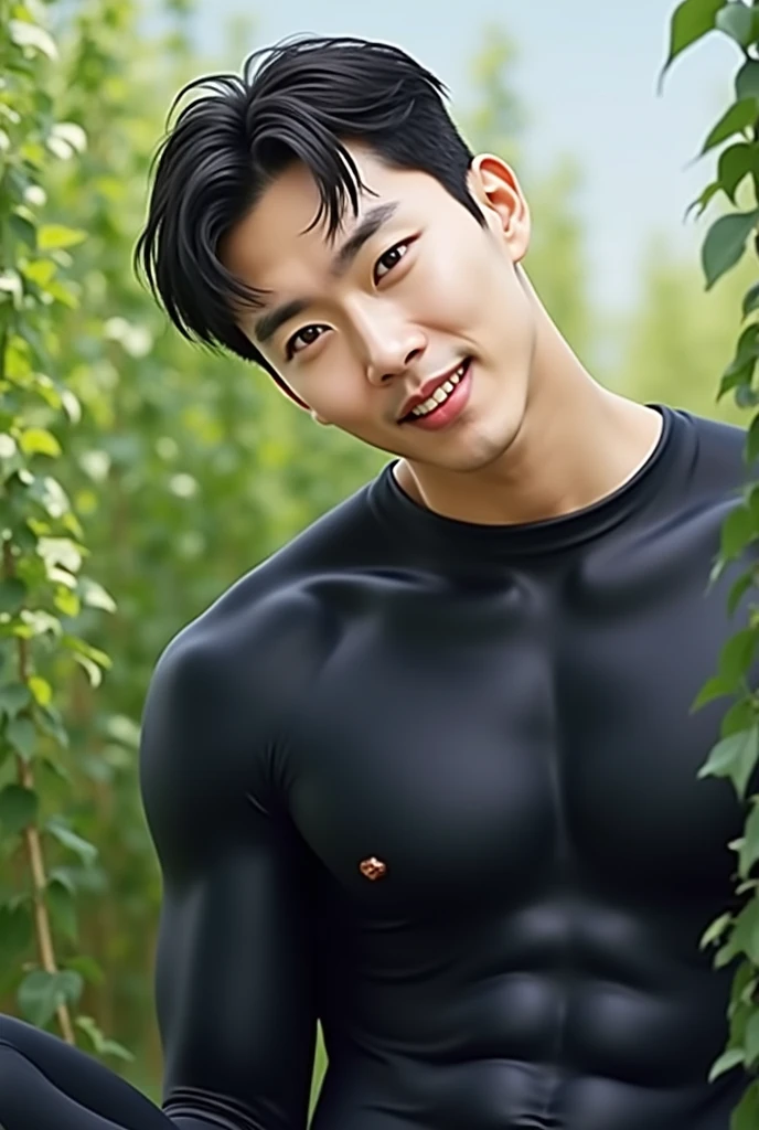 DETAILED FACE, DETAILED EYES, NAKED, HANDSOME, A Korean man, Slim body , Pale Asian skin, good eyes, Detailed body,massive bulge, Detailed face, Wearing nothing, leaf covering his dick, Bare lower body, Good outdoor lighting, A cool pose, Good expression , Sexy but cute, No beard, beautiful SCENERY, A handsome face like a K-pop idol, Topless