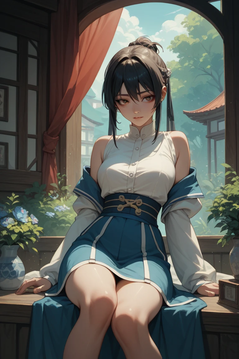 (masterpiece), (best quality), (ultra-detailed), <lora:Gongbi:0.95>, gongbi, 1girl, solo, maid dress, thighhighs, sleeveless, sitting, tree, outdoors, mountain, seal