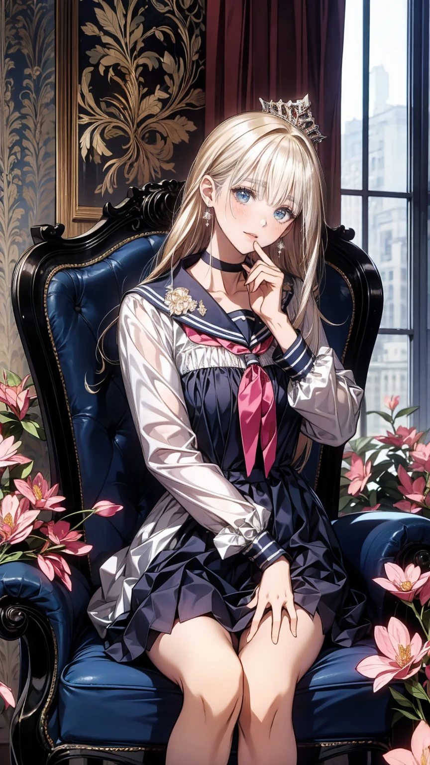 (8k, Best Quality, masterpiece: 1.2),  Ultra High Definition ,, Marie Antoinette, ultra detailed face ,fine grain, open your mouth slightly ,(blonde),Long Hair, wavy hair in front of the station, break,Rococo Ruffle Dress,Long sleeve dress, The dress has a long skirt , Baroque Dress ,  intricate fantasy dress , Gorgeous glamorous dress,  romantic dress, Costume with frills  ,lottery, Data Style, Formal Wear, Fancy Fashion, palate colors include pink and white,(pink:1.5),Class A Smile,Gold Tiara,  necklace ,Sit in a fancy chair,  hands on needs  ,( rainbow light :1.4),,Profile of a person looking out a window,The rosebush is reflected in the window,(Inside Victoria Palace)、Her eyes are shining、今彼女のblondeの髪は腰まで伸びている、Rose-colored gradation and three, 薄いpinkのロック. 彼女は花柄の装飾が施されたGold Tiaraを着用し、 Matching earrings  , white flower choker. 彼女は金色のボタンで縁取られたフリル付きの白いストライプのpinkのトップを着ている, The white sleeves are in the shape of a bud .. A magenta ribbon runs down her chest..、Tie at the back of the neck、Matching chest piece, Decorated with flowers. Her frilly skirt is divided by a white line, Fastened with a large magenta ribbon、Decorated with gold, There is a small ribbon on the back. Her mini skirt、薄いpinkのマゼンタの貝殻状の裏地と白い花のペチコートでできている. 彼女はpinkの花がついた白い手袋も着用している, 白と薄いpinkの靴には、ゆるいカフとDecorated with flowersたマゼンタのリボンがある.
