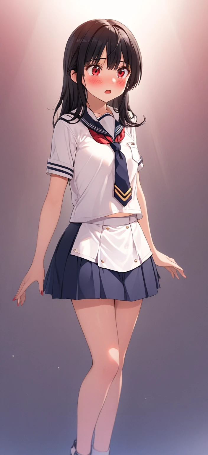 1 woman,High school girl, cute woman , wearing a white uniform, navy blue skirt,The tie is red,Black Hair,blush,Looking Down,The surprised gaze is below, not looking at me