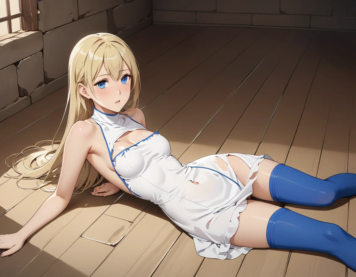 Masterpiece , best quality , Masterpiece , best quality , 1girl , 20yo, (ais_wallenstein:1.5) , (white dress half taken off:1.4), blue thigh highs boots, torn shirt, open torn shirt, naked breasts, medium breasts, sagging brests, ooking at the viewer, delicate features, blonde waist long hair , be unconscious , abdomen , medium breasts , Long legs , after sex, (Lie down on the floor:1.5) , spread your legs , prison, no panties, orgasming, rolling eyes, perfect anatomy, (relaxed and natural resting pose:1.4), ahegao, (after sex, exhausted, senseless, strengthless:1.4)