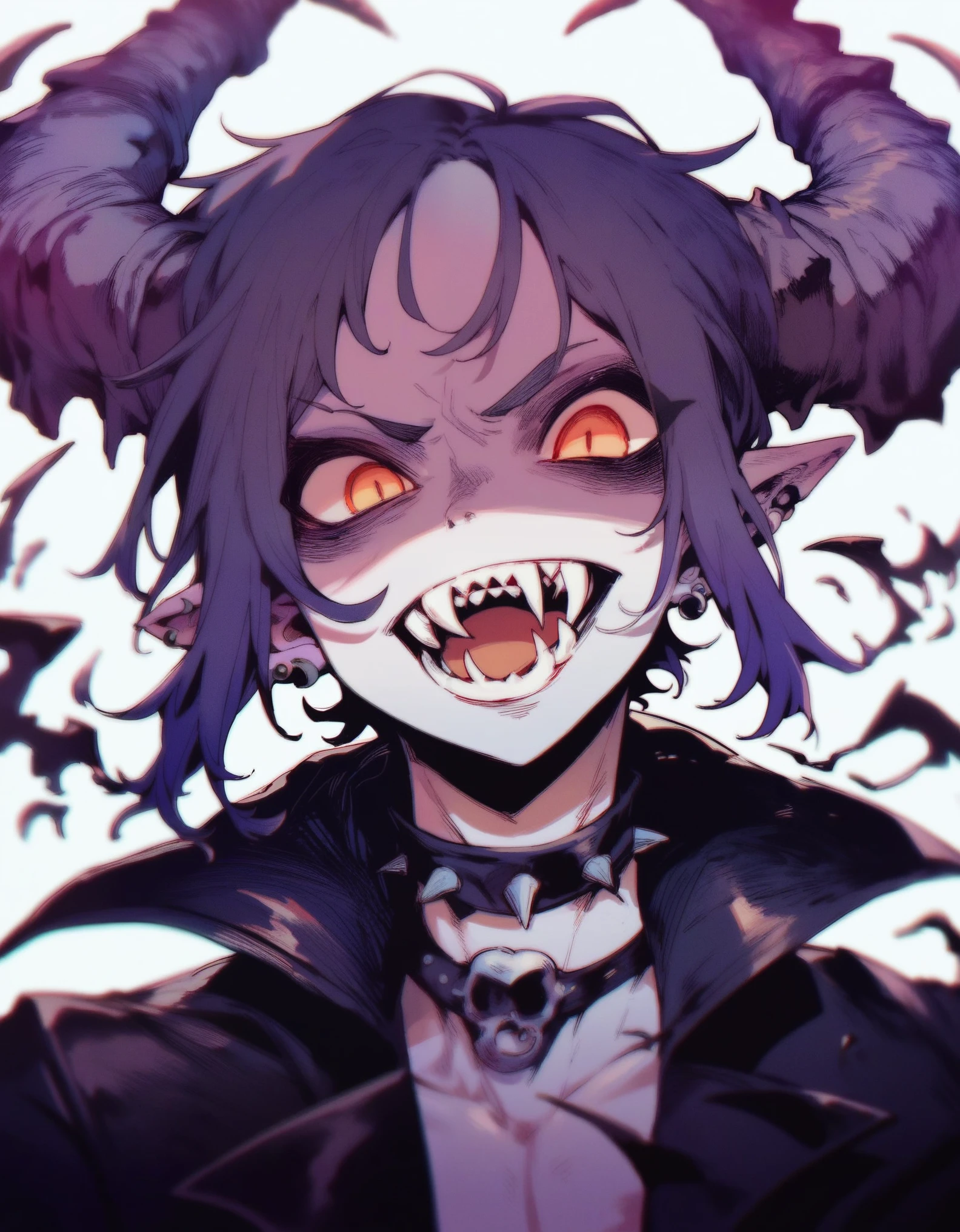 demonic boy with horns,  detailed face , piercing gaze, sharp fangs,  black leather Jacket, Dark gothic outfit,  dramatic lighting ,  dark atmosphere , saturated colors,  cinematic composition ,  Digital art,  concept artwork