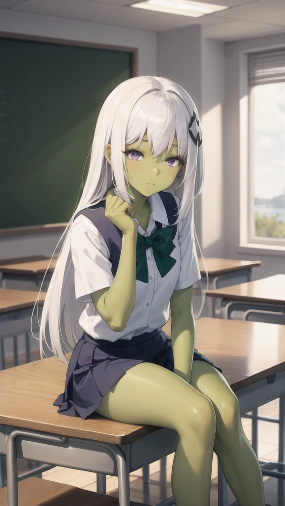 1 Girl, Miss, Mudstone ( tomorrow's ark ), Purple Eyes,  alone, There is only one person， Long hair,  bangs,White hair， to a standing, Mudstonedefclass, HD， best quality，Skin of color，Green Skin，Sharp nails， green nails ，Green Skin，Green Skin，Green Skin，Green Skin，Green Skin，Green Skin，Green Skin，School Uniform，classroom，Sitting at the table，Lazy， HALF CLOSED EYES