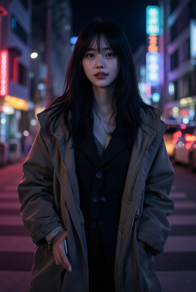 One Woman、White skin、Detective、Long black hair、Smiling with teeth showing、Are standing、Hold the book in your right hand、A city lined with buildings、Neon Light、night、First Person View