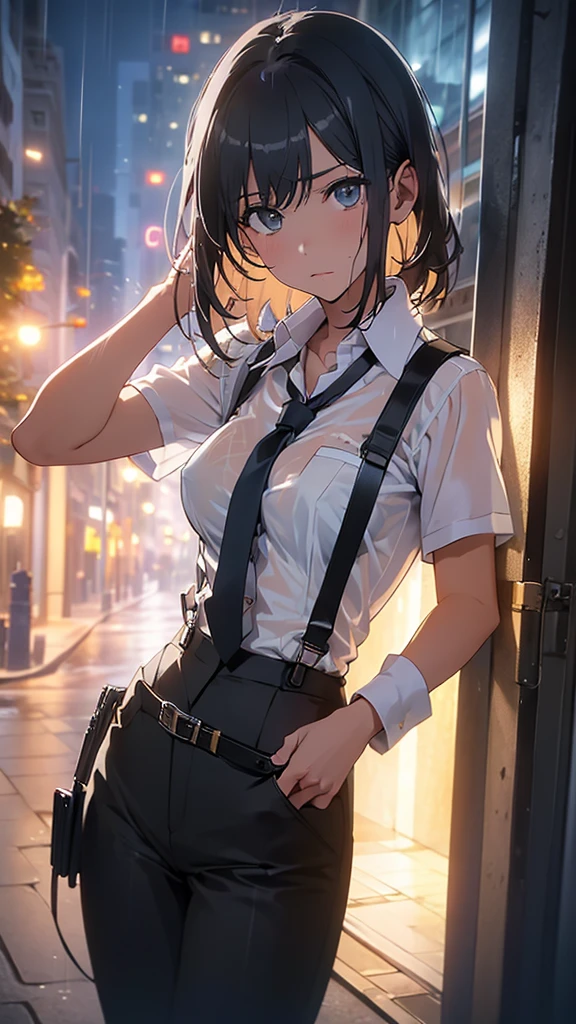  Woman in a Suit , belt, Hands on back,  I'm sweaty,  suspenders,  black pants ,  big breasts at the temple, see-through clothing, rain, Detective,  office worker ,  white button up shirt, ( best quality,4K,8k, high resolution on down,masterpiece:1.2),Ultra-detailed,(Realistic,photoRealistic,photo-Realistic:1.37), Hyper Details ,High definition face and body, slender　thin　 suspenders　 medium chest　 see-through shirt 　Nipples　　Lock　pistol　Armament　Criminal　Female Criminal　knife 　 Hands on back　Constraints 程よい胸 黒いマスク
