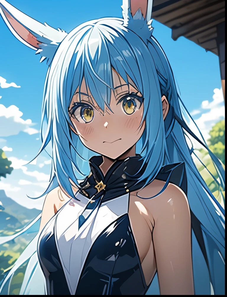 （（（ＳＦＷ、Precision、Highest quality、A first-class masterpiece、Normal body、8k、  Detailed Face 、Ultra-precision、 Normal hand、５refer to、Highest）））、-That Time I Got Reincarnated as a Slime-、Rimuru Tempest、Blue and silver hair、Golden Eyes、Feminization、 black leotard 、 bunny girl costume、I hide my face with both hands and blush because I'm extremely shy