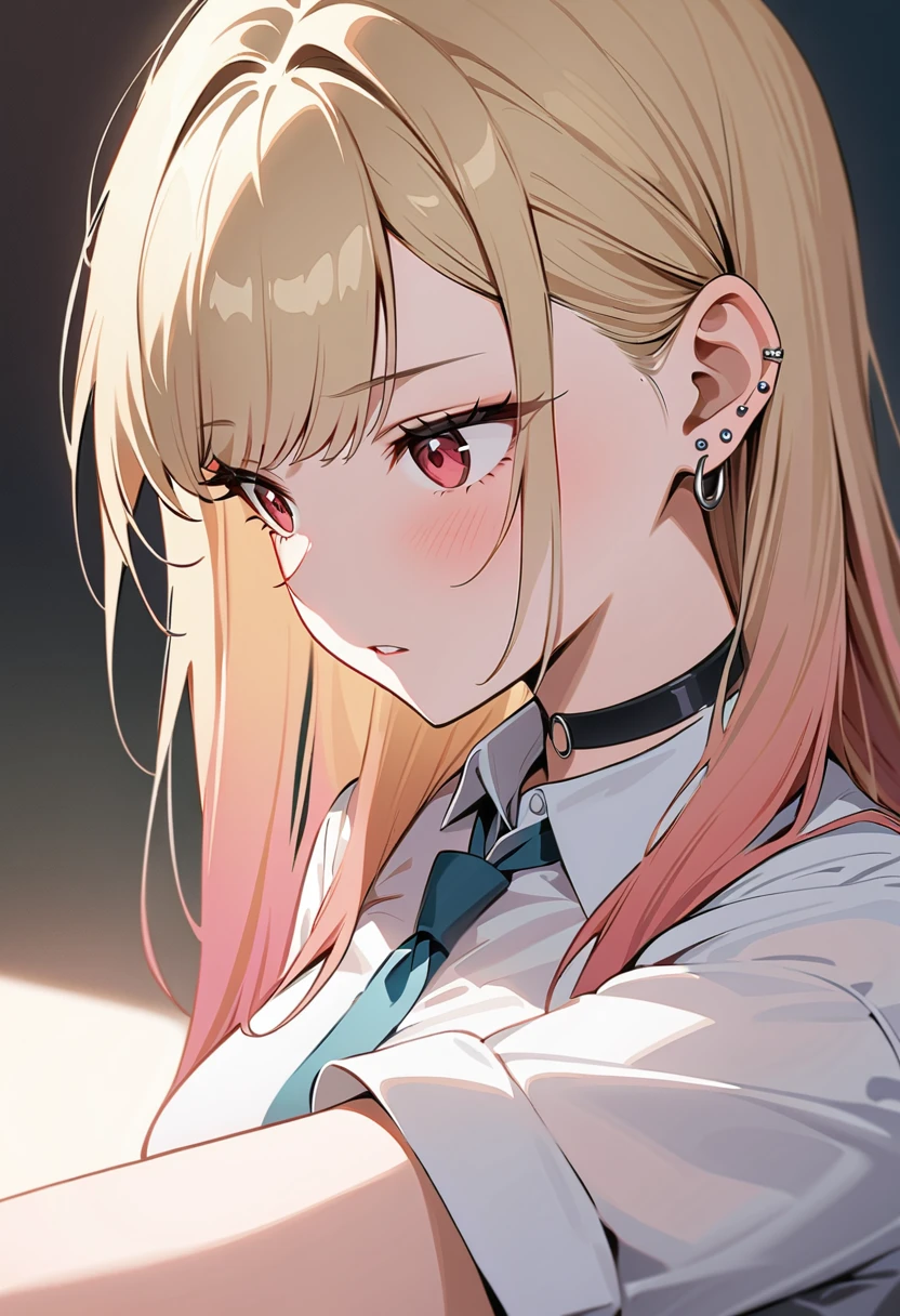 (masterpiece, Best Quality, Mysterious aesthetics, Super detailed),  intricate detail ,  one girl playing pranks,  Marine Kitagawa, sono bisque doll wa koi wo suru, blonde, red eyes, Ear Piercing, Barbell Piercing,  black choker , Colored Shirt,  white shirt ,  earrings for a woman alone,  blue tie , Green, in,  staring ,  upper body,  itself