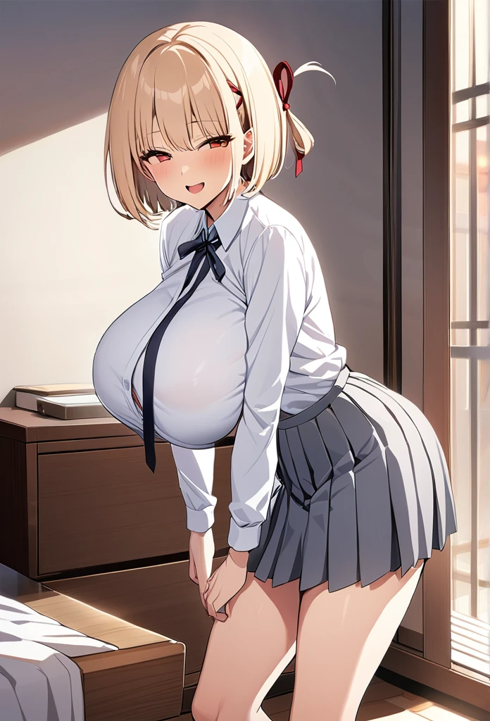 masterpiece, Highest quality, One Girl, game cg  nishikigi chisato, Bobcut, Hair Ribbon, White shirt、 Grey pleated skirt,Thin tie ribbon, Long sleeve, Huge breasts, Bedroom, Wink, Are standing,Open your mouth、 smile、From the side:0.5、Eyes half closed