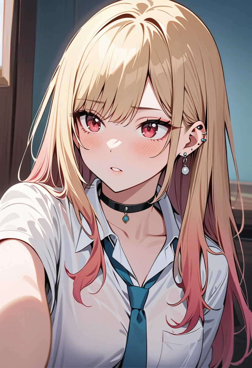 (masterpiece, Best Quality, Mysterious aesthetics, Super detailed),  intricate detail ,  one girl playing pranks,  Marine Kitagawa, sono bisque doll wa koi wo suru, blonde, red eyes, Ear Piercing, Barbell Piercing,  black choker , Colored Shirt,  white shirt ,  earrings for a woman alone,  blue tie , Green, in,  staring ,