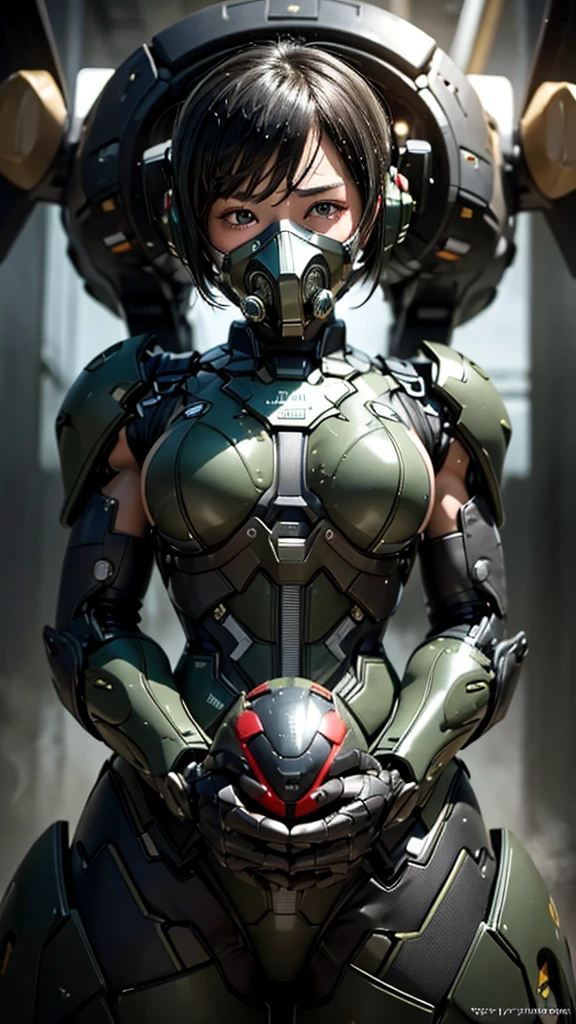 最 high quality非常に詳細, Advanced Details,  high quality, 最 high quality,  high resolution on down, 1080P,  hard disk , beautiful,(War Machine),( perfect headgear ),See the whole picture,beautifulサイボーグ女性, DARK GREEN MECHA CYBORG GIRL ,BATTLE MODE,Mecha Body Girl　 8k Dark Green Body Armor 　 elementary school girl　Sweaty face　Droopy eyes　 short hair　 gas mask with extended nozzles  (Steam erupts from the head )( steam erupts from all over the body)　 boyish　Steam coming out of my head　 hair wet from sweat 　 Black Hair ,  steam is coming out of the mouth 　　 Does Not Expose Skin Under Face 　smile