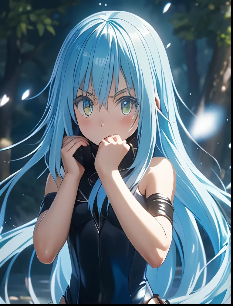 （（（ＳＦＷ、Precision、Highest quality、A first-class masterpiece、Normal body、8k、  Detailed Face 、Ultra-precision、 Normal hand、５refer to、Highest）））、-That Time I Got Reincarnated as a Slime-、Rimuru Tempest、Blue and silver hair、Golden Eyes、Feminization、 black leotard 、 bunny girl costume、I hide my face with both hands and blush because I'm extremely shy