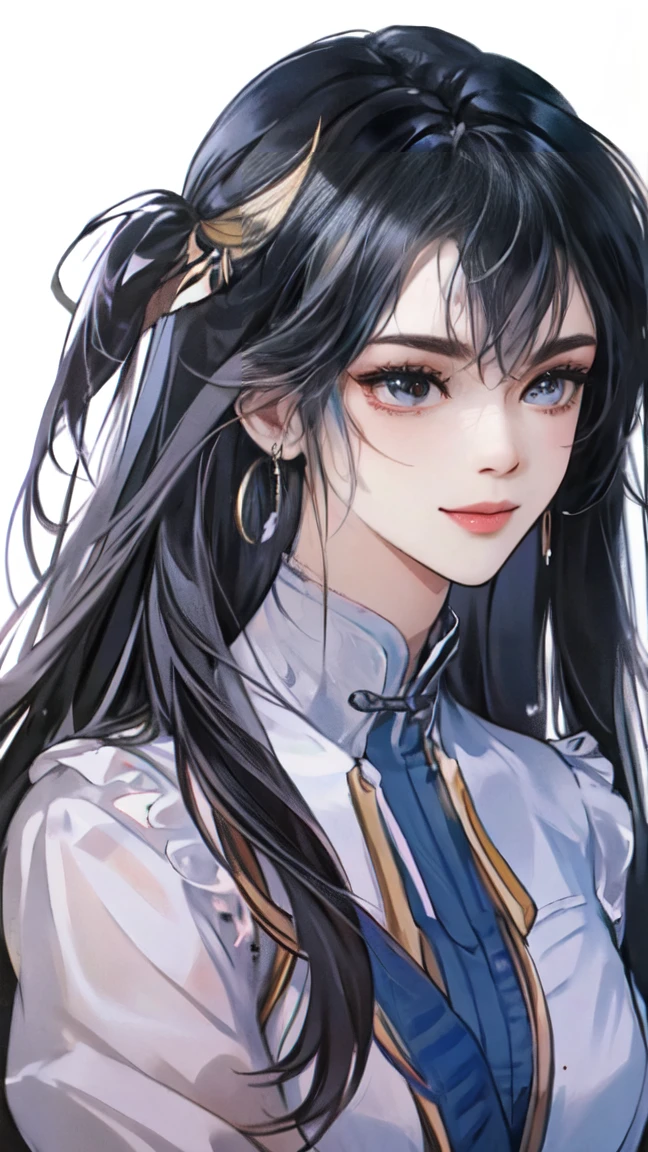  Masterpiece , best quality,  1 Xiao Au ,  Face Color Looks Cool ,  Strong, Golden Eyes , Long hair, Black hair,  Firm Eyes ,  Simple Uniform,  Black Long Earrings ,  Chinese Morden Hybrid ,  Front Photo ,  simple background,  Black or White Background , Anime, illustration, Half body, nude