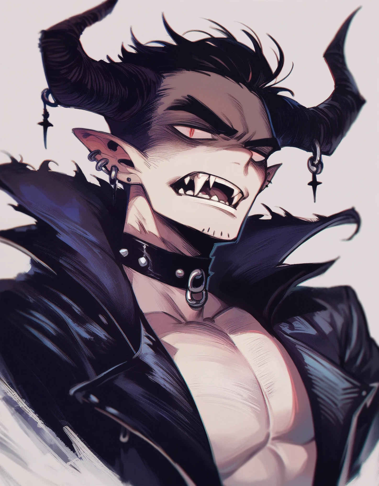 demonic boy with horns,  detailed face , piercing gaze, sharp fangs,  black leather Jacket, Dark gothic outfit,  dramatic lighting ,  dark atmosphere , saturated colors,  cinematic composition ,  Digital art,  concept artwork