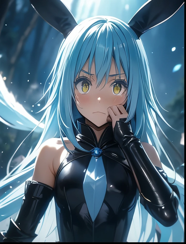 （（（ＳＦＷ、Precision、Highest quality、A first-class masterpiece、Normal body、8k、  Detailed Face 、Ultra-precision、 Normal hand、５refer to、Highest）））、-That Time I Got Reincarnated as a Slime-、Rimuru Tempest、Blue and silver hair、Golden Eyes、Feminization、 black leotard 、 bunny girl costume、I hide my face with both hands and blush because I'm extremely shy