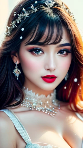 Ultra-realistic、 ultra-detailed portraits、 最high quality、 8K、highest level、 The ultra -The high-definition、(Super beautiful detailed face:1.5)、(detailed eyes:1.2)、(detailed lips:1.2)、(Detailed nose:1.2)、cinematic lighting、(anatomically correct:1.3)、((cleavage))、(I encourage you to choose a subdued and perfectly coordinated background for your phenomenal, diverse random creation)、(Use any technique of combining materials, natural, artificial, (light, heavy, airy), metals, elements and fantasy magic, any style, any outfit, choose eyes color, ((hair is a different color than eyes)), dynamic random fancy, professional hairstyles)、 1girl:1.4 22years old、fashion supermodel、real:1.66、photorealistic:1.66、(very delicate and beautiful、fine details:1.3)、masterpiece、 最high quality、 (high quality)、 (absurdres)、 (sharp fous)、(Glamour, paparazzi taking pictures of her)、 contrast、 (dark shot:1.07)、red_lipstick:1.25、((perfect round eyes))、 (snow_white_makeup:1.34)、(matte skin:1.3)