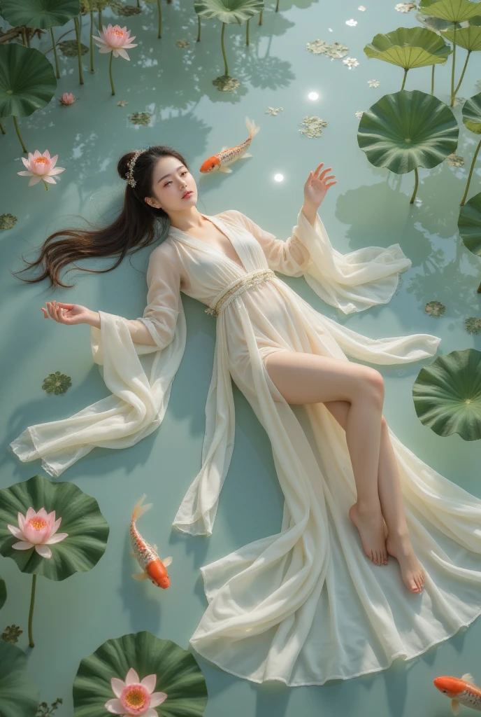 ( 1 girl lying on the lake:1.5),  body covered with water ,floating hair,Flowing silk,  Hanfu wet ,Clean water, carp,  alone, Hanfu, (Huge lotus leaf:1.3), (lotus:1.1),  dynamic posture,Transparent fabric, Chinese,Long_hair,misty,  faint smile ,Shy,Elegant,(Lake:1.2), milk,reflection, Top view , Depth of Field,  Official Art ,  super detailed, Aesthetic ,masterpiece, is the best quality, Ancient Art,