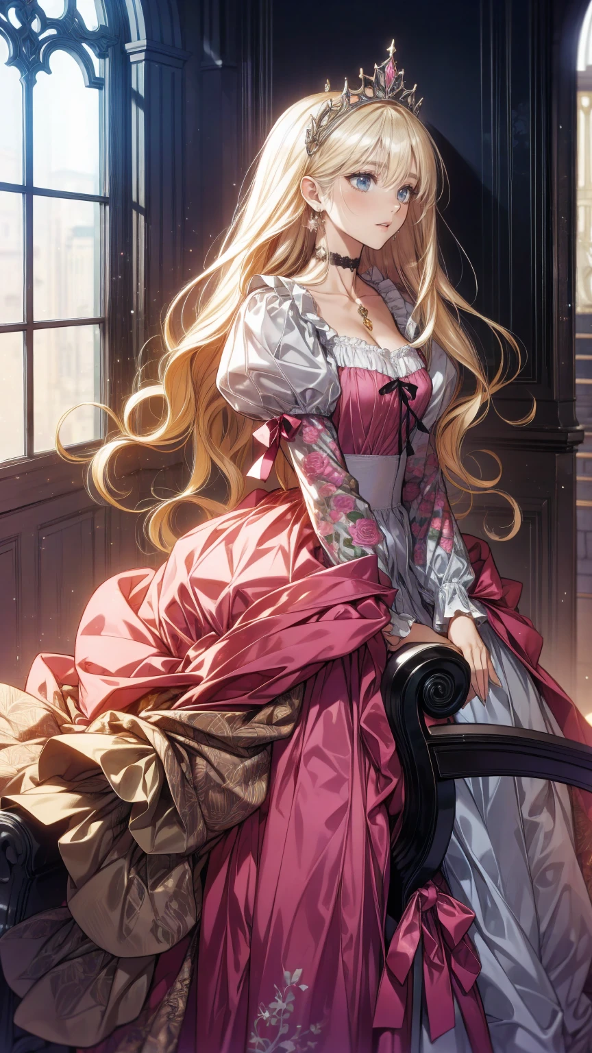 (8k, Best Quality, masterpiece: 1.2),  Ultra High Definition ,, Marie Antoinette, ultra detailed face ,fine grain, open your mouth slightly ,(blonde),Long Hair, wavy hair in front of the station, break,Rococo Ruffle Dress,Long sleeve dress, The dress has a long skirt , Baroque Dress ,  intricate fantasy dress , Gorgeous glamorous dress,  romantic dress, Costume with frills  ,lottery, Data Style, Formal Wear, Fancy Fashion, palate colors include pink and white,(pink:1.5),Class A Smile,Gold Tiara,  necklace ,Sit in a fancy chair,  hands on needs  ,( rainbow light :1.4),,Profile of a person looking out a window,The rosebush is reflected in the window,(Inside Victoria Palace)、Her eyes are shining、今彼女のblondeの髪は腰まで伸びている、Rose-colored gradation and three, 薄いpinkのロック. 彼女は花柄の装飾が施されたGold Tiaraを着用し、 Matching earrings  , white flower choker. 彼女は金色のボタンで縁取られたフリル付きの白いストライプのpinkのトップを着ている, The white sleeves are in the shape of a bud .. A magenta ribbon runs down her chest..、Tie at the back of the neck、Matching chest piece, Decorated with flowers. Her frilly skirt is divided by a white line, Fastened with a large magenta ribbon、Decorated with gold, There is a small ribbon on the back. Her mini skirt、薄いpinkのマゼンタの貝殻状の裏地と白い花のペチコートでできている. 彼女はpinkの花がついた白い手袋も着用している, 白と薄いpinkの靴には、ゆるいカフとDecorated with flowersたマゼンタのリボンがある.
