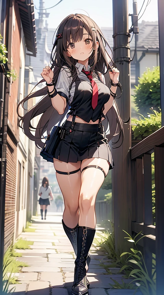 Brown hair、watching at viewers　　　black suspenders　　　Bulging big breasts　　 　 　　　walls: 　Black miniskirt　garters　　　　　　Gaze　　　Small face　bangss 　　　holster　　　Beautuful Women　　hands up　　レッグholster ベッドに横たわる　　Gaze 　black boots panty shot　provocation　flank　flank汗　soio 　arm
