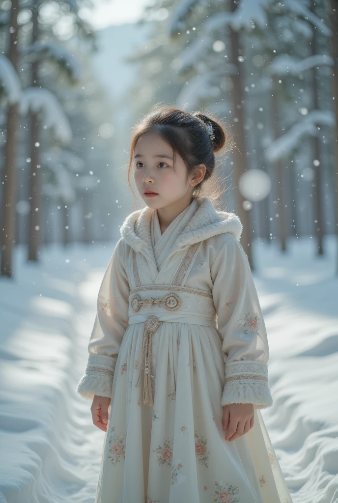  in winter，girl，heavy snow，Snow Scene，rhythm，Sunlight，mist， LED Lighting ，Ultrafine，masterpiece，8K，Depth of Field，Super Fine， Detailed portrayal ，Hyperrealism照片，Hyperrealism, (Mysterious Mist :1.1)