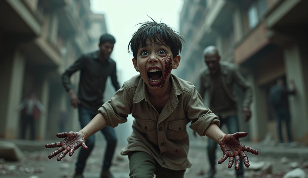 a man holding a child running from the many zombies in destroyed bangkok city, destroyed building and bruning cars background with the zombies