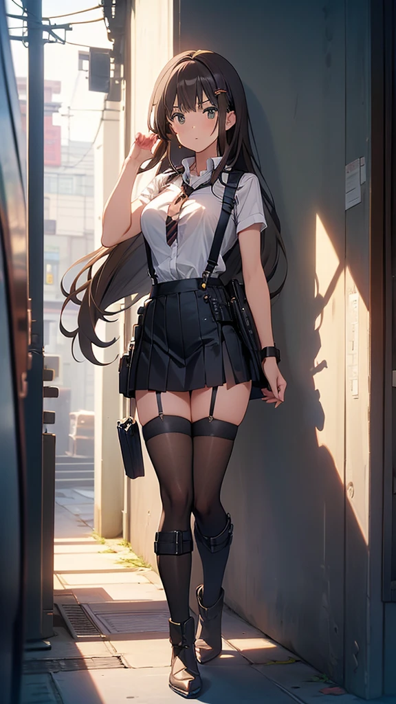 Brown hair、watching at viewers　　　black suspenders　　　Bulging big breasts　　 　 　　　walls: 　Black miniskirt　garters　　　　　　Gaze　　　Small face　bangss 　　　holster　　　Beautuful Women　　hands up　　レッグholster ベッドに横たわる　　Gaze 　black boots panty shot　provocation　flank　flank汗　soio 　arm
