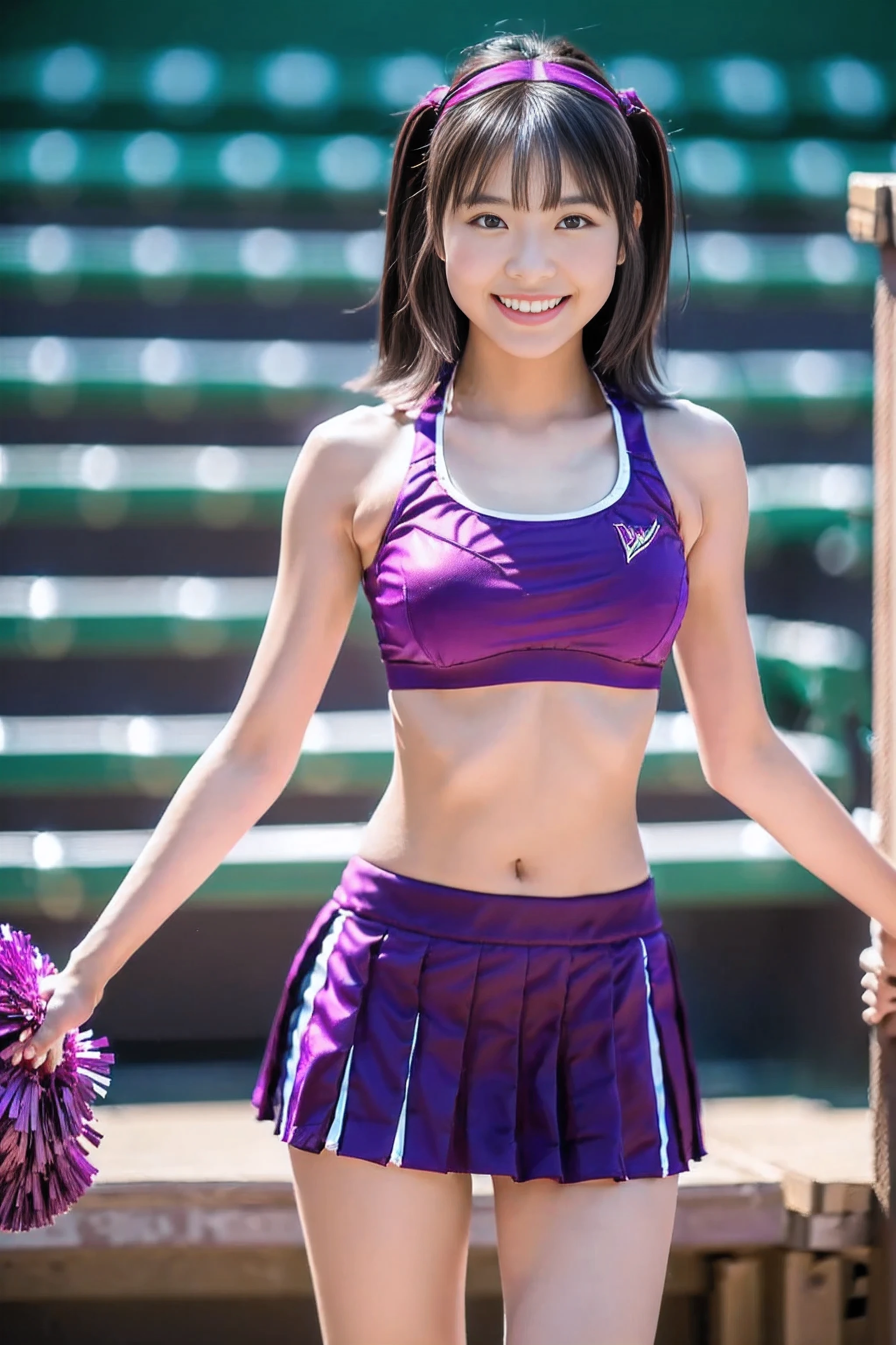 (4k, high quality, high quality, masterpiece), (baseball stadium bleachers, brightness adjustment), (realistic), ((Stare at me, smile)), 1 woman, Asian beauty, Japanese woman, (dark hair, slender figure, petite), ((magenta cheerleader outfit, sports bra, pleated miniskirt))