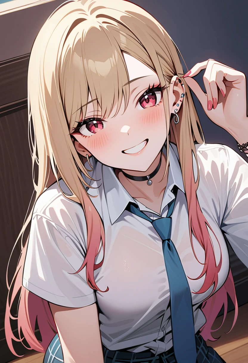 (masterpiece, Best Quality, Mysterious aesthetics, Super detailed),  intricate detail ,  one girl playing pranks,  Marine Kitagawa, sono bisque doll wa koi wo suru, blonde, red eyes, Ear Piercing, Barbell Piercing,  black choker , Colored Shirt,  white shirt ,  earrings for a woman alone,  blue tie ,Dazzling Smile