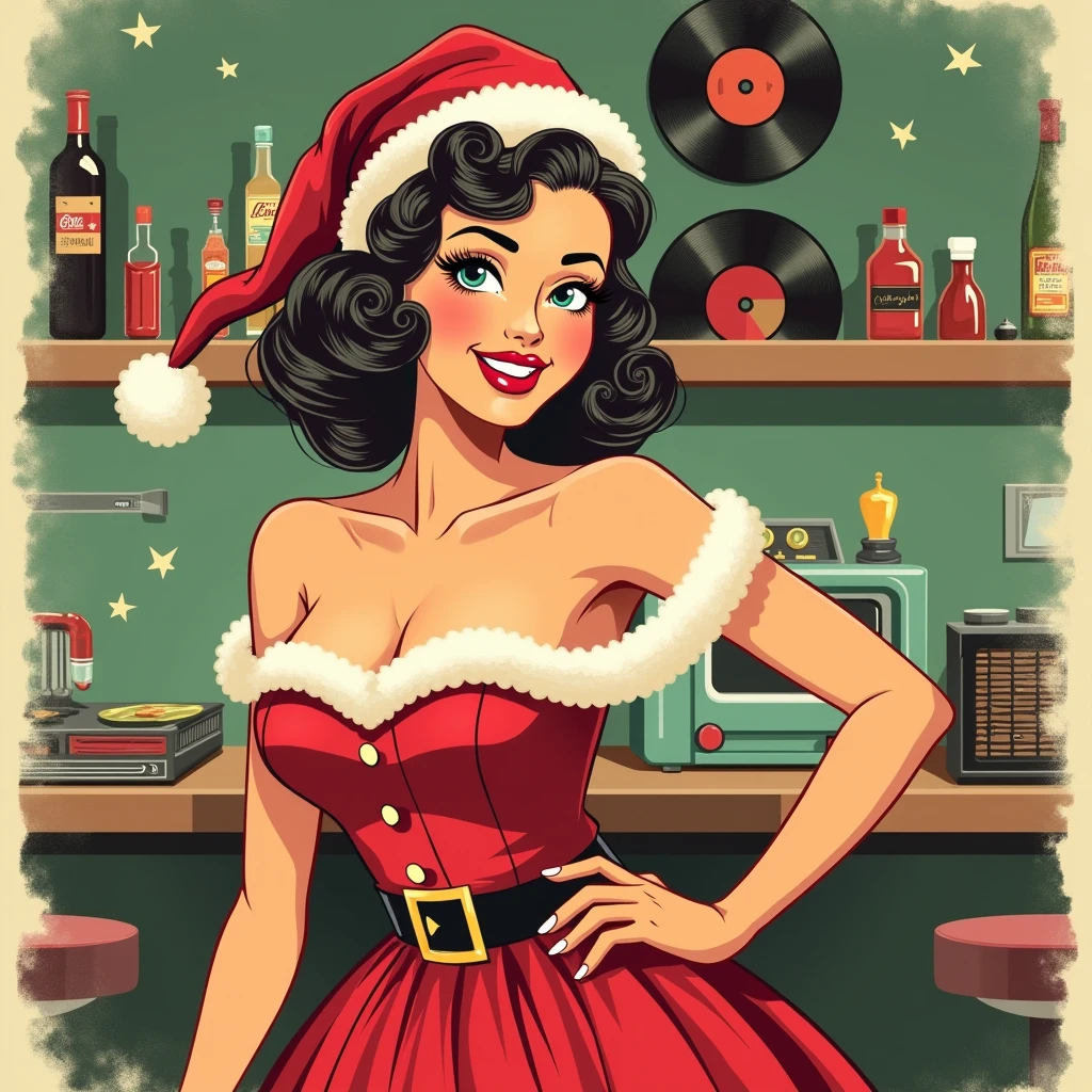 a close up of a woman in a dress sitting in front of a christmas tree, very colorful, pinup art, pinup, pinup girl, comic pinup style, girl pinup, pinup model, pinup pose, pin up girl, pinup body, retro pinup model, pin up, pin - up girl, ( art fitzpatrick ), pin-up, pin - up, vintage pin up