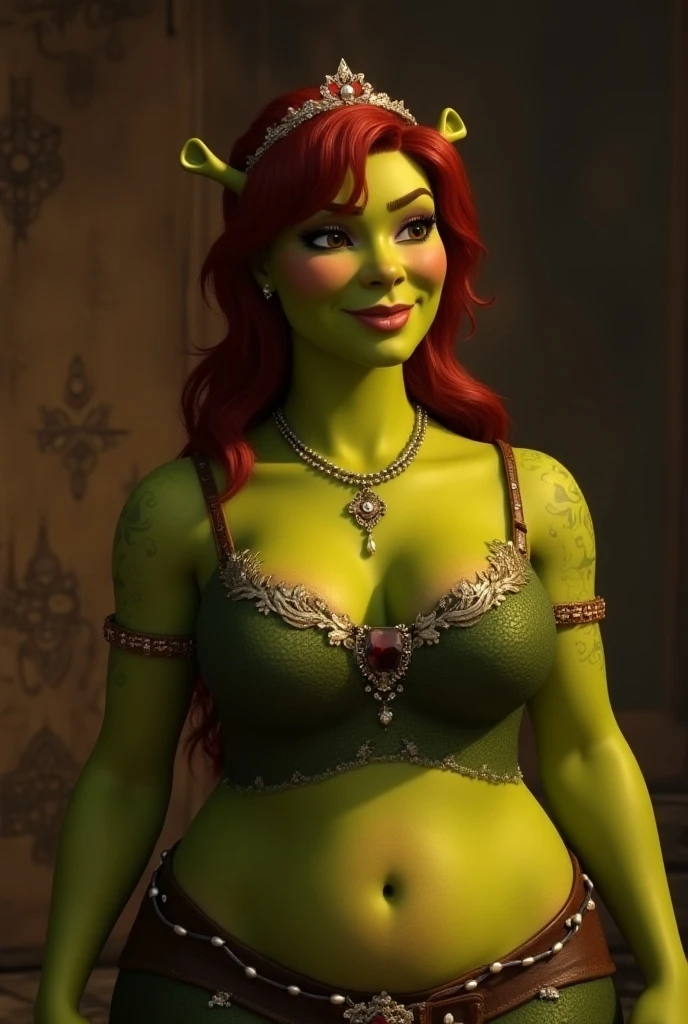 Close-up of a caricature of a woman with very large breasts, Elfpunk, Goblin character, full length female goblin portrait, she has elven ears and purple eyes, Red hair, big mouth and thick lips, female elf, (((insane))) elven princess, A cunning expression, teen эльфийка, forest on the background Hunter&#39;s clothes