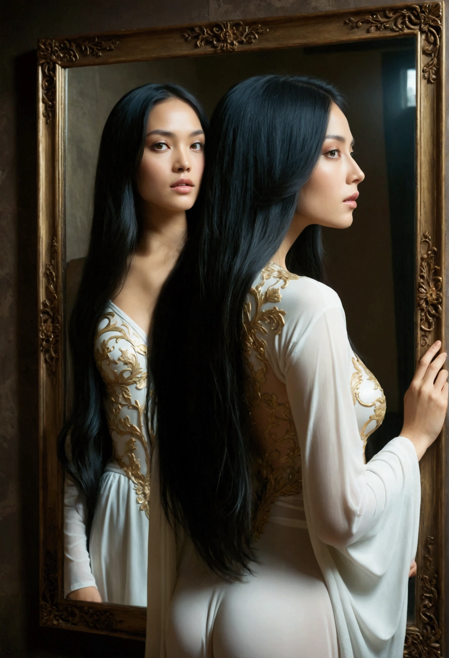 generate a double exposure photoillustration of a girl with her_reflection wearing micro lingeriein a white cloak, long black hair,  the girl standing and looking at the mirror starring at the reflection, it is a perfect reflection, perfect body, perfect anatomy, back_side view, tall golden square frame floral carved mirror, mystical elemental, ethereal, dark smoke surrounded, dramatic light, exotic scene, crisp, terrifying, dimmed light from below, super detailed, UHD, 8k, epic realism, fantasy art, photo art, photoillustration (transparency effect 0.25), symmetrical sagital cut ((vertical half cut 1.5))seamless, texture and pattern, ((transparency effect 0.35)), iconic standing-pose stance, dramatic shadows, dramatic lights, interlacing elements, fantasy art, two face tones, two body_tones, very_long hair, flowing hair, opposite-opponent digital manipulated photo art, hyper-realistic, ultra-detailed, crisp clarity, low-contrast, overexposure, luminous ambiance, rich textures, intricate patterns, vivid colors, cinematic lighting, photorealistic, accurate anatomical proportions.