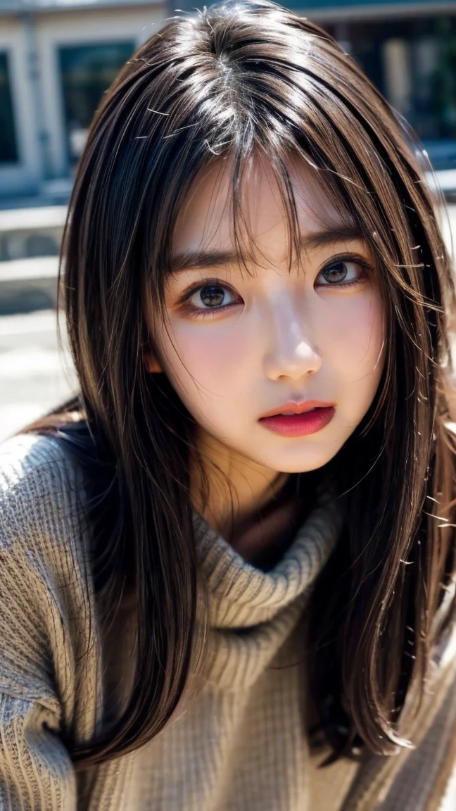  long dark hair ,  straight hair , Brown muffler , 上半身はBrown knitted sweaterを着用, Seductive lips ,(( white knitted sweater 1 .3 )),  lip gloss, Seductive lips, 艶やかな lip gloss, , ((  eyes staring at the viewer )), Iris , SharpEye, High Concentration  ,  eye makeup  , Natural tear troughs, small nose,Beautiful Nose, Best Quality, 最High image quality, Realistic, ( High image quality:1.2), , ( 1 on the face .3 ), autumn, Wear warm clothes,  Stylish , Paris cityscape,  Stylish な街並み, Brown muffler着用, , Brown knitted sweater, Moe Sleeve,  I'm taking pictures from afar  , is crouching , Exposed Legs ,  delicate and sexy lady's hand,  unexposed upper body ,