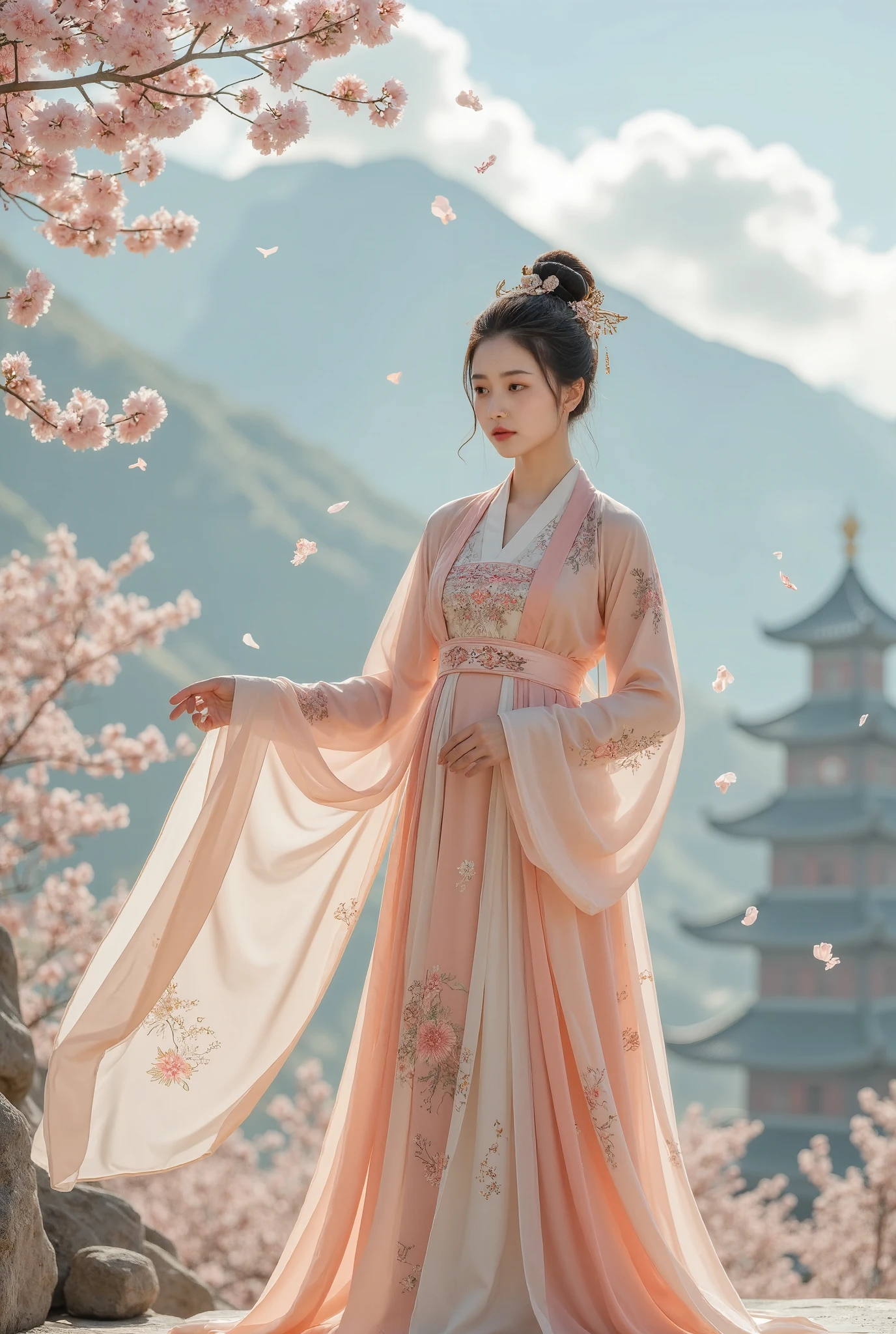 whole body，Imagine， White clouds and mountains in the distance  、Tower and many people，Pink flowers， Cherry Blossom Tree ，Cherry blossom petals falling，Hanfu woman,Phoenix Coronet、 Exquisite embroidery 、Wearing Hanfu pantyhose、Hanfu、Wear long-sleeved Hanfu、Transparent and clear、Look and、、Raw,(8K、 high quality 、masterpiece:1.8)、( Complex Details :1.8)、(Reality:1.8)、  Octagonal Rendering  、 Complex 3D Rendering with Ultra Details, studio soft light, Side Light, vivid detailss, Super Details ,  Real Skin Textures  , details,  beautiful eyes, Highly detailsed CG Unity 16k wallpaper, cosmetic, (  Detailed Background  :2.0),  clear fingers  ，  Beautiful Fingers  ，Radiant Skin、 Spread your legs ， Reveals Your Thighs !!!、
