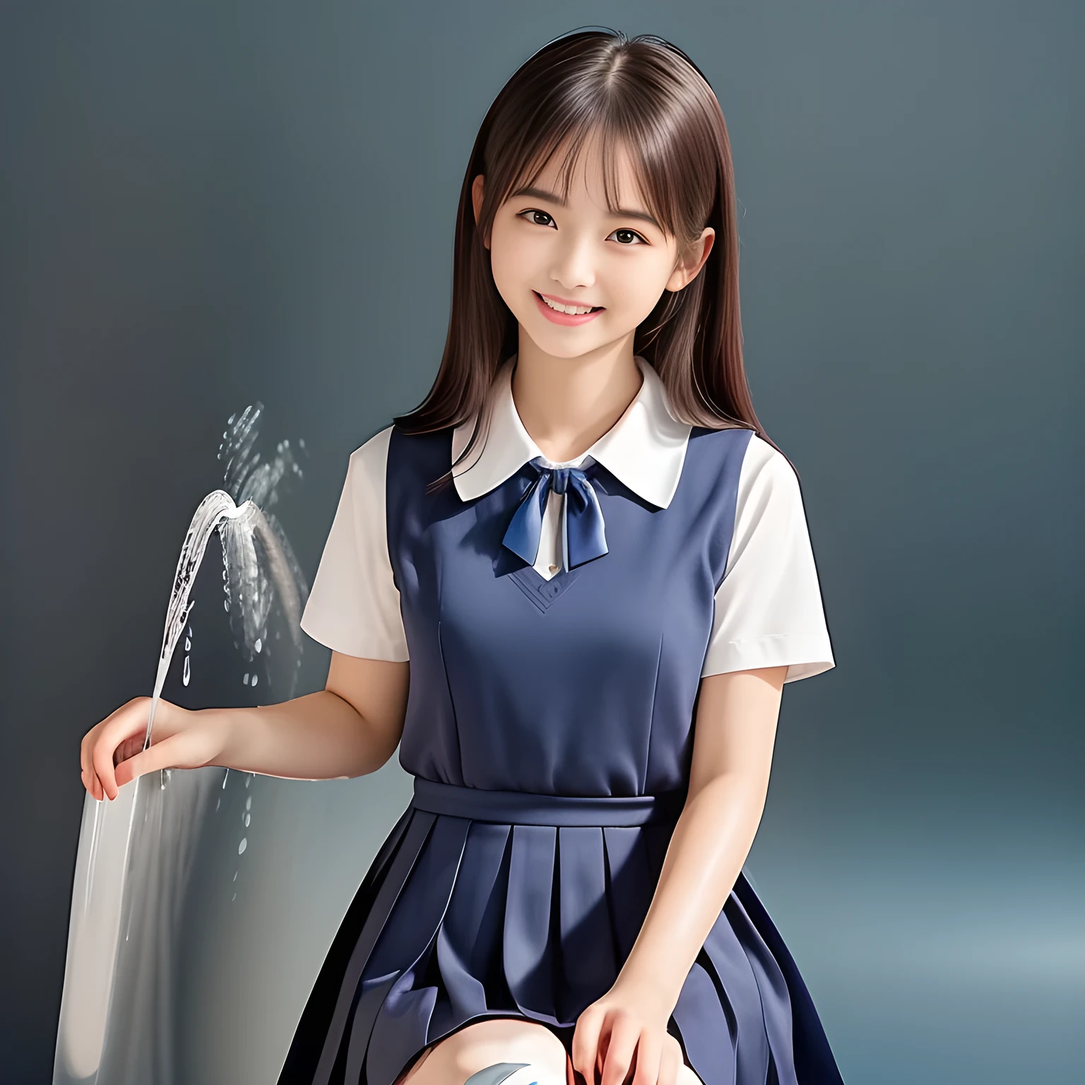 (Highest quality, masterpiece:1.2), Highest quality, High resolution, 1080P, 8k, height: 158cm, (A yo Japanese beautiful fashion model is seated, showing her palms, touching the floor, looking at the viewer, showing her cutest smile, very white face, using face-whitening cosmetics, prominent cool eyes, opened laughing giggling most open mouth, gray-gray-blue school summer uniform with gray-gray-blue vest and widely-boxed-pleats-short-skirt and silk blouse and red breast ribbon pulled by her hands, well-straitened super-super-long well-trimmed long hair: 1.5), (white thighs and knees: 1.7), (Well-balanced, prominent, lovely, drooping, double-eyelids, brown shiny large prominent eyes with detailed: 1.5), (gray-gray-blue school uniform with gray-gray-blue vest and boxed-pleats-skirt, short-sleeves silk blouse, glossy red breast ribbon: 1.5), ((Beautiful well-figured glossy opened lips like fortissimo soprano singer: 1.2)), (mature breast), (Girl whom everyone loves because of her beauty and beautiful eyes and lovely fashion and noble manner), (Very beautiful, glossy, cute neat black hair, straight well-done hair-style: 1.3), (Drives me crazy for her glossy neat hair and Make me fall into love), (plain blue background: 1.6), (Best style like a 13 fashion model, mature breast), (((Completely balanced beautiful big big eyes, looking at me))), (eyes, face and hair are especially beautifully detailed and beautifully drawn: 1.5), (Satisfactory best shot by professional famous photographer for school girl's beauty: 1.5), (The soft white light clearly shows her face extremely white: 1.2), (Very soft laughing cheeks, very soft hands pulling the breast ribbon down, People who touch it feel eternal pleasure: 1.2), (pure-pure, 13yo too much beautiful idol: 1.8), (Everything become like a water-fountain where she touches: 1.5)