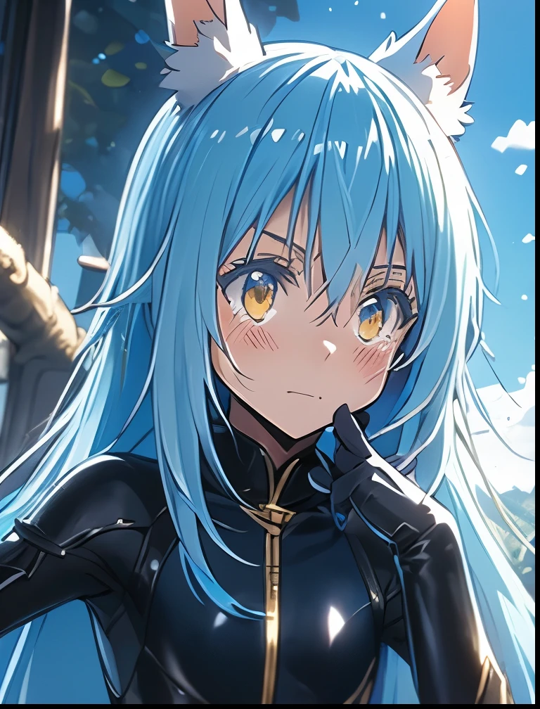 （（（ＳＦＷ、Precision、Highest quality、A first-class masterpiece、Normal body、8k、  Detailed Face 、Ultra-precision、 Normal hand、５refer to、Highest）））、-That Time I Got Reincarnated as a Slime-、Rimuru Tempest、Blue and silver hair、Golden Eyes、Feminization、 black leotard 、 bunny girl costume、I hide my face with both hands and blush because I'm extremely shy、Run and run away while shedding tears and crying