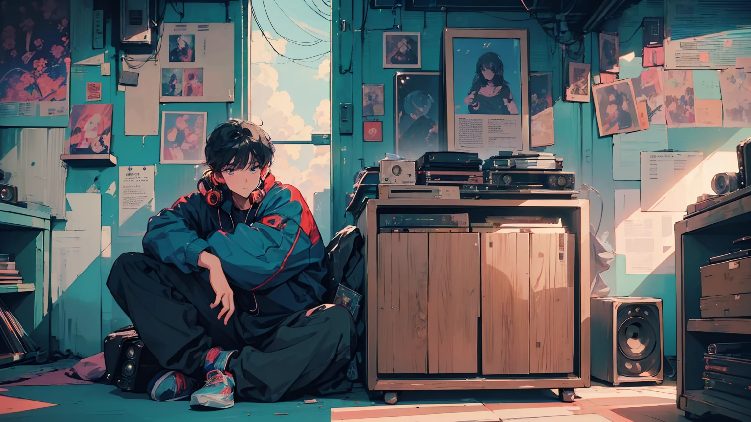 pixel art, fishbowl, fishbowl속 물고기, It's crowded with TVs and miscellaneous things.., a man sitting on trash, An entertainment program is playing on TV.., container, fishbowl을 바라보는 고양이, Handsome man, wear a headset, precise hand, Correct foot