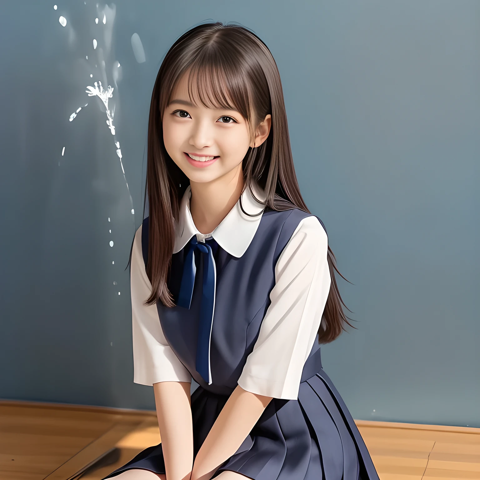 (Highest quality, masterpiece:1.2), Highest quality, High resolution, 1080P, 8k, height: 158cm, (A yo Japanese beautiful fashion model is seated, touching the a bar on the floor, looking at the viewer, showing her cutest smile, very white face, using face-whitening cosmetics, prominent cool eyes, opened laughing giggling most open mouth, gray-gray-blue school summer uniform with gray-gray-blue vest and widely-boxed-pleats-short-skirt and silk blouse and red breast ribbon pulled by her hands, well-straitened super-super-long well-trimmed long hair: 1.5), (white thighs and knees: 1.7), (Well-balanced, prominent, lovely, drooping, double-eyelids, brown shiny large prominent eyes with detailed: 1.5), (gray-gray-blue school uniform with gray-gray-blue vest and boxed-pleats-skirt, short-sleeves silk blouse, glossy red breast ribbon: 1.5), ((Beautiful well-figured glossy opened lips like fortissimo soprano singer: 1.2)), (mature breast), (Girl whom everyone loves because of her beauty and beautiful eyes and lovely fashion and noble manner), (Very beautiful, glossy, cute neat black hair, straight well-done hair-style: 1.3), (Drives me crazy for her glossy neat hair and Make me fall into love), (plain blue background: 1.6), (Best style like a 13 fashion model, mature breast), (((Completely balanced beautiful big big eyes, looking at me))), (eyes, face and hair are especially beautifully detailed and beautifully drawn: 1.5), (Satisfactory best shot by professional famous photographer for school girl's beauty: 1.5), (The soft white light clearly shows her face extremely white: 1.2), (Very soft laughing cheeks, very soft hands pulling the breast ribbon down, People who touch it feel eternal pleasure: 1.2), (pure-pure, 13yo too much beautiful idol: 1.8), (Everything become like a water-fountain where she touches: 1.5)