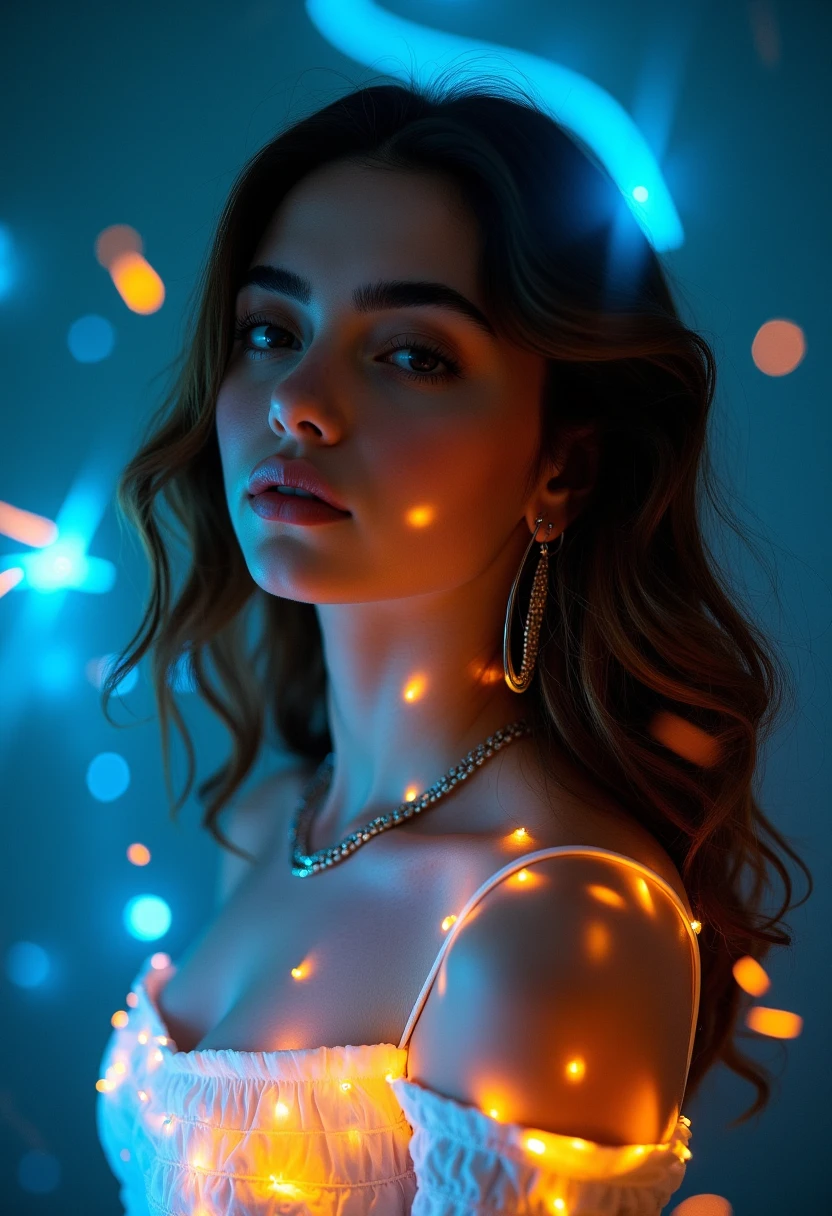 The image is a photograph with a surreal, abstract aesthetic, blending elements of light painting and portrait photography. The subject is a young woman with fair skin and wavy, dark brown hair that flows naturally. Her facial features are striking, with high cheekbones, a small nose, and full lips. She has a serene, contemplative expression, with her eyes closed, creating a sense of introspection.