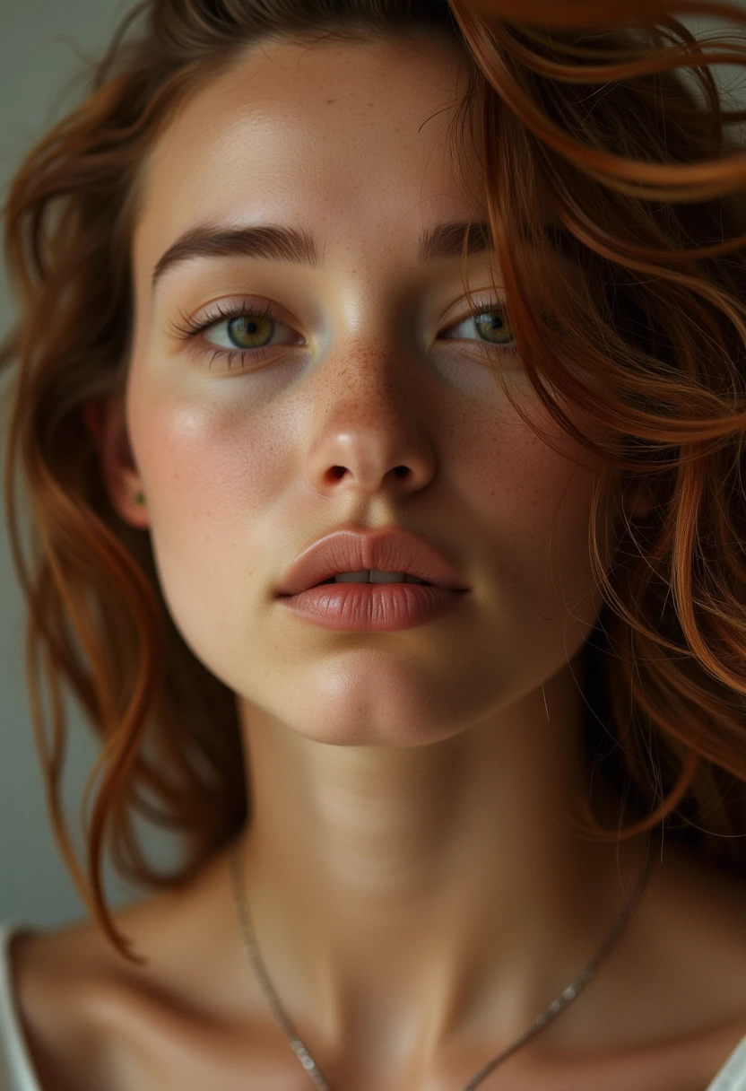 The image is a highly detailed, high-definition photograph of a young woman with a striking, almost ethereal appearance. She is a white woman with fair skin and a delicate, petite build. Her long, wavy auburn hair cascades around her face, blown by an unseen wind, giving it a dynamic, almost wild look. Her eyes are closed, and her lips are slightly parted, giving an impression of serene, almost dreamy contemplation.