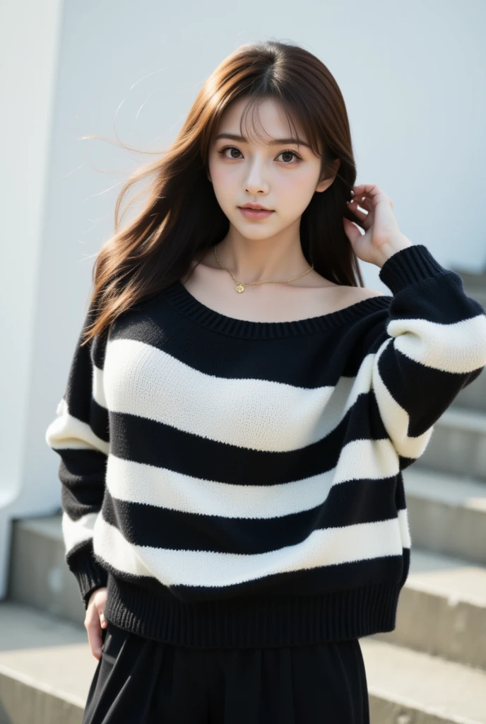 The image is a portrait of a young slener asian woman with long brown hair,flowing in the wind and bangs. She is standing in front of a white wall with concrete steps. The woman is wearing a black and white striped oversized sweater and a black skirt. Her left arm is raised above her head, with her right hand resting on her hip. She has a gold necklace around her neck and is looking directly at the camera with a serious expression. The lighting is soft and natural.