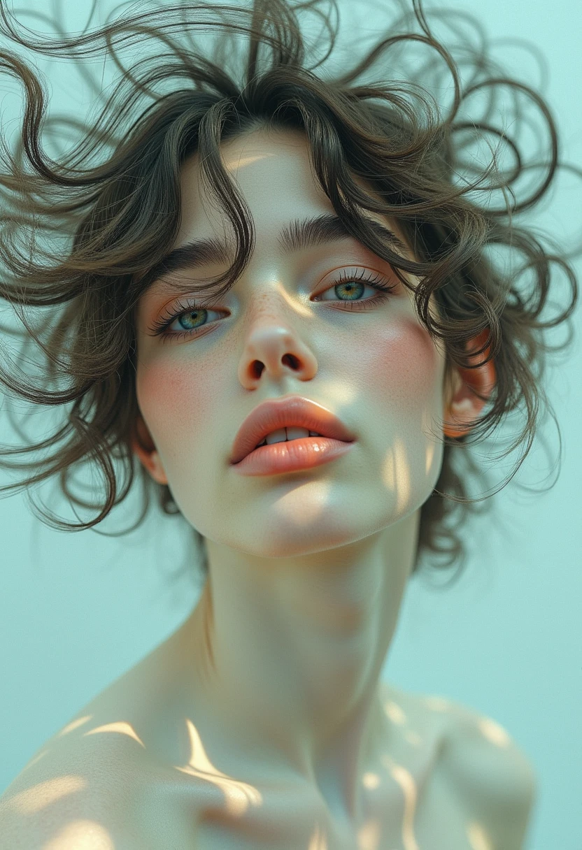 The image is a highly stylized, digital artwork featuring a close-up portrait of a young woman with a surreal, dreamlike quality. The artwork uses a blend of traditional and digital media, creating a fluid, ethereal effect with swirling, almost ghostly tendrils of hair that blend into the background. The woman has fair skin and a delicate, symmetrical face with high cheekbones, a small nose, and full lips.