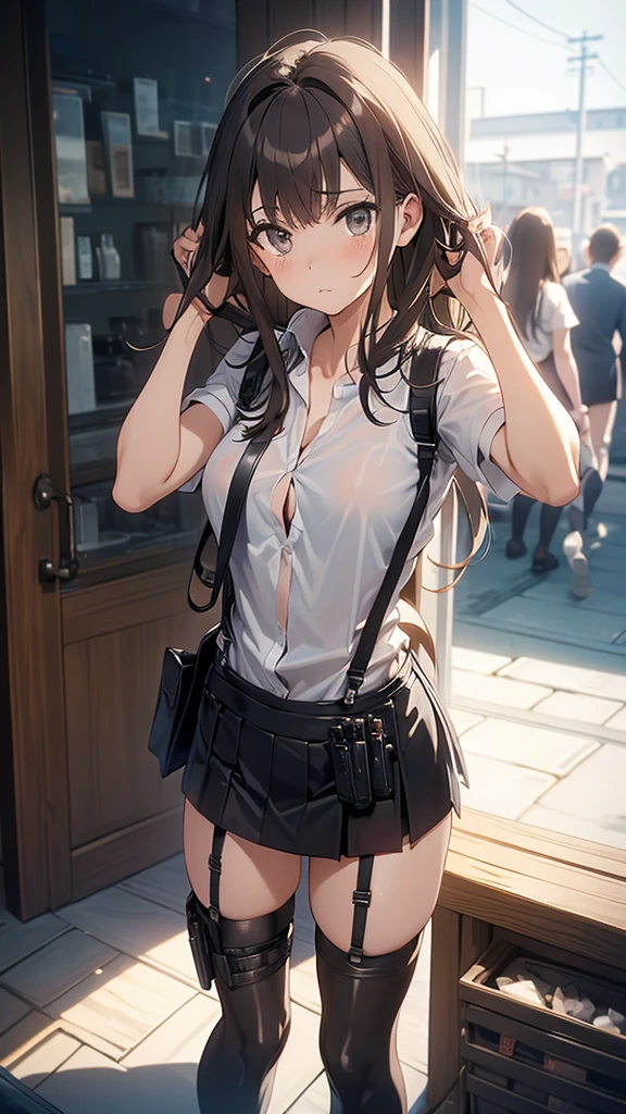 Brown hair、watching at viewers　　　black suspenders　　　Bulging big breasts　　 　 　　　walls: 　Black miniskirt　garters　　　　　　Gaze　　　Small face　bangss 　　　holster　　　Beautuful Women　　hands up　　レッグholster ベッドに横たわる　　Gaze 　black boots panty shot　provocation　flank　flank汗　soio 　arm
