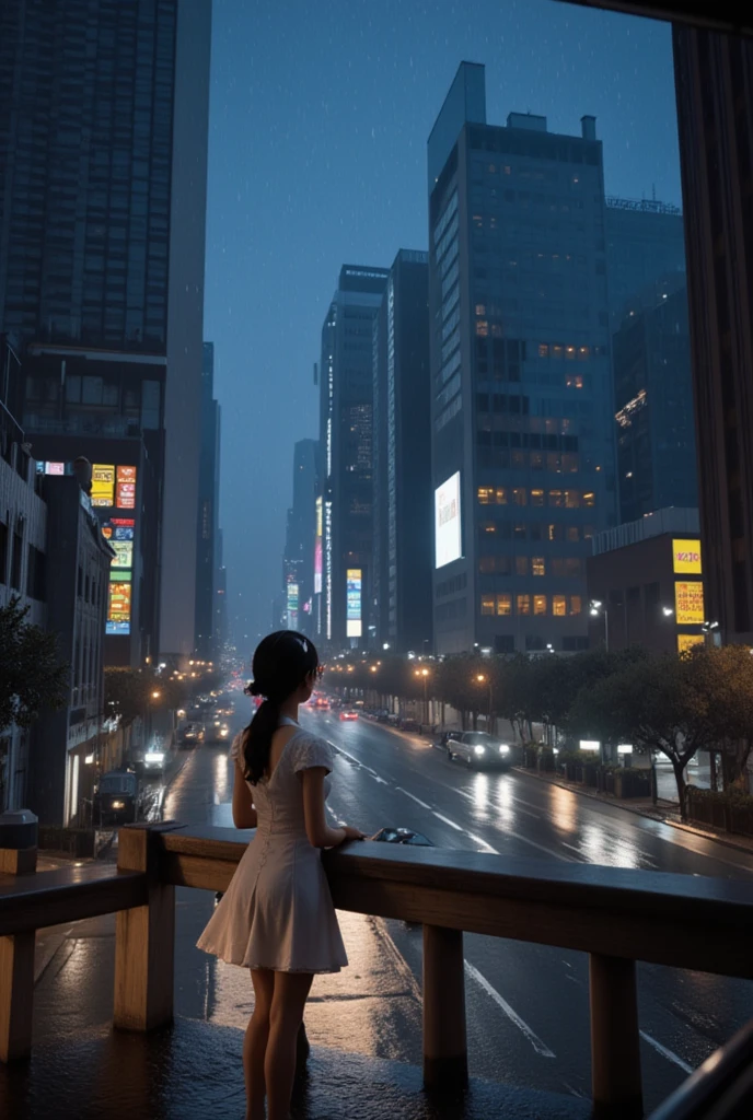 mix 4, (8K, Raw photo, highest quality, masterpiece: 1.2), (realistic, photorealistic: 1.37), 1 girl, cute, cityscape, night, rain, Wet, professional lighting, photon mapping, radio city, Physically based rendering、overlooking