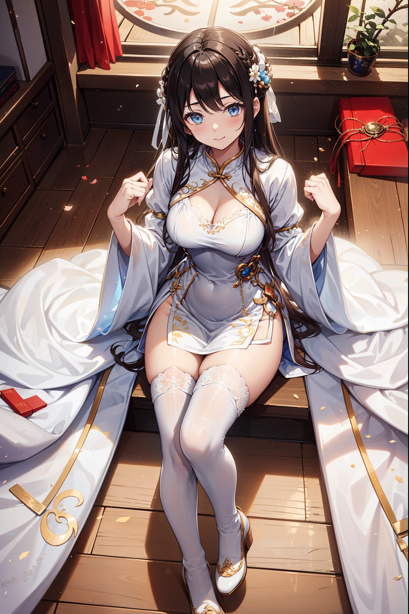 Highest quality, Super detailed, (Ultra-high resolution,8k), Ultra-high definition 4K, (Perfect Anatomy, Anatomically correct), (The three pure shrine maidens), (Detailed shrine maiden costume), (A peaceful moment), (High-quality facial beauty), (宙に舞うDandelion fluffの中で:), (Photorealistic), (Detailed big breasts), Soft Skin, Glowing Skin, Bright lighting, colorful, A sparkling smile, Dandelion fluff, Angle from below