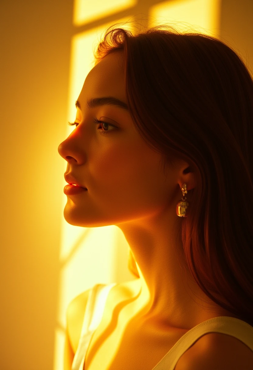 The image is a high-resolution photograph of a young woman with a striking, ethereal quality. The photograph captures her in profile, with her face bathed in a warm, golden light that creates a halo effect, suggesting the use of a long exposure or a creative post-processing technique. Her skin glows softly, with subtle highlights and shadows enhancing the texture and contours of her face.